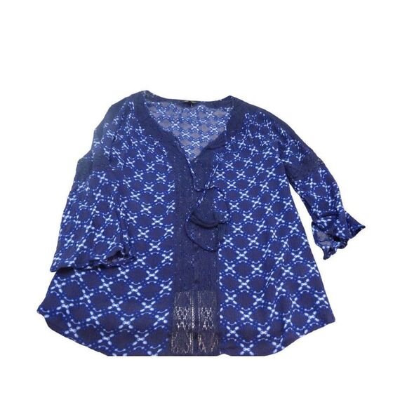 Jessica Simpson ¾ Bell Sleeve Printed Peasant Top, Blue, Size S - Picture 5 of 7